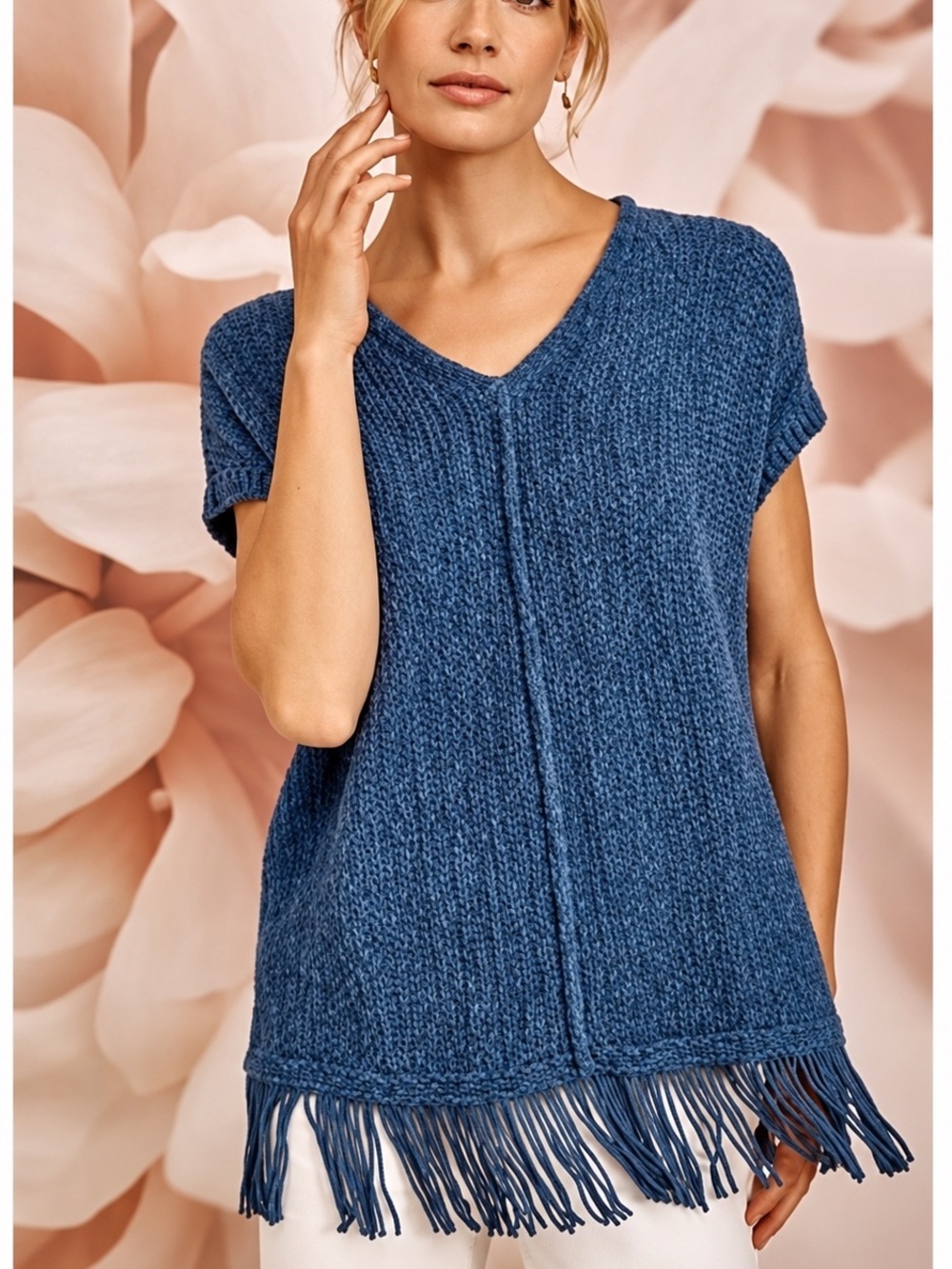 J. Jill NEW Fringed Short Sleeve Boxy V-Neck Sweater Sz L